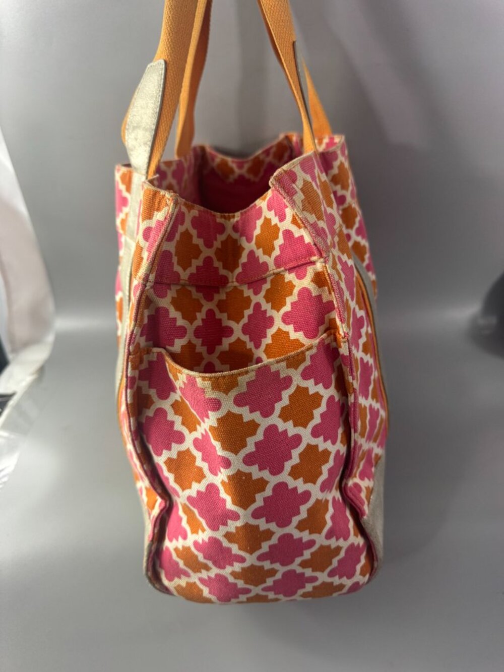 Tory Burch Orange/Pink Canvas w/Silver-tone Distressed Leather Large Tote Bag - Picture 5 of 15